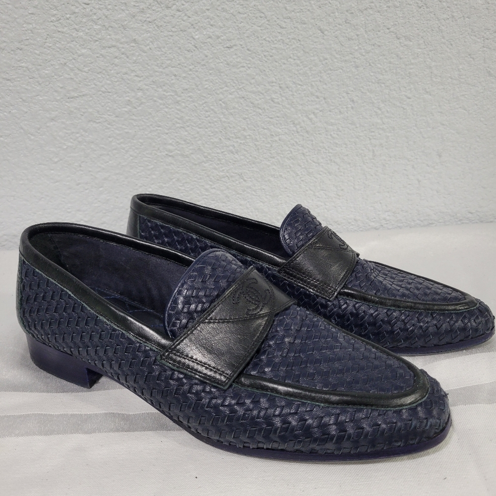 CHANEL Woven Loafers Shoes Navy And Black Size EU 37 / US 6.5